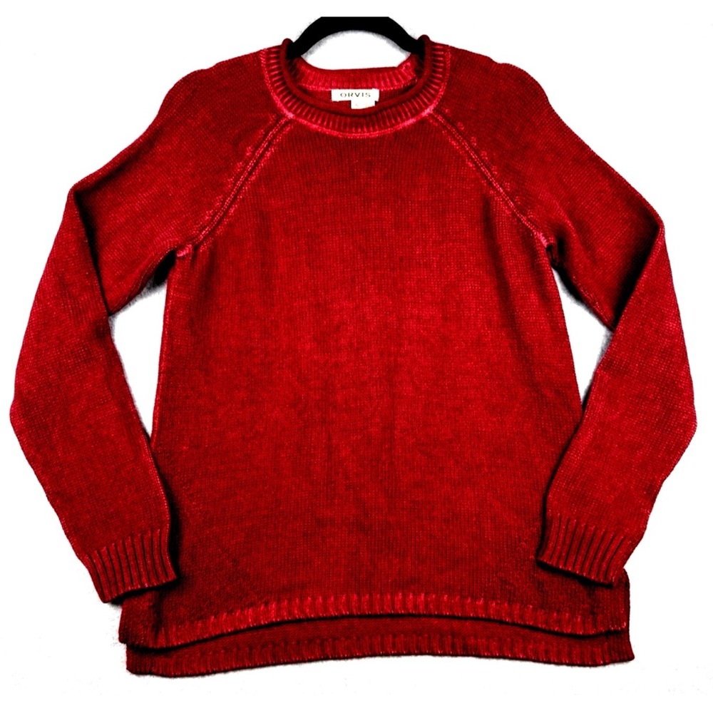 Orvis Sweater Women’s Small Chenille Knit Pink Red Crewneck Long Sleeve Cotton